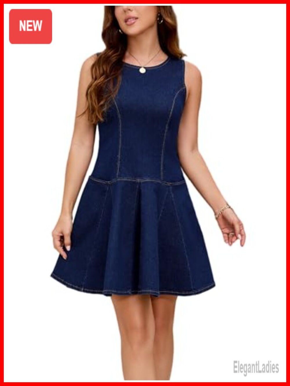 Sleeveless Fitted Denim Mini Dress with Pockets Ruffle Hem A-Line